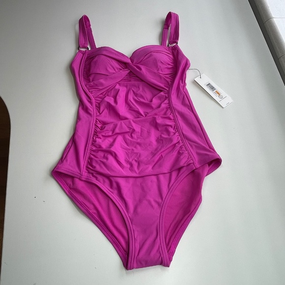 DKNY Womens Twist Front Pink Ruched One Piece Swimsuit Small - Picture 2 of 6